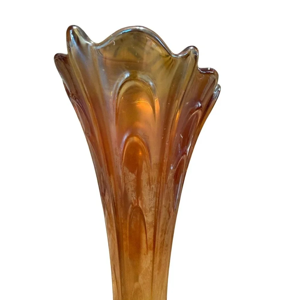 Vintage Amber Carnival Glass Trumpet Vase Iridescent Tall Floral